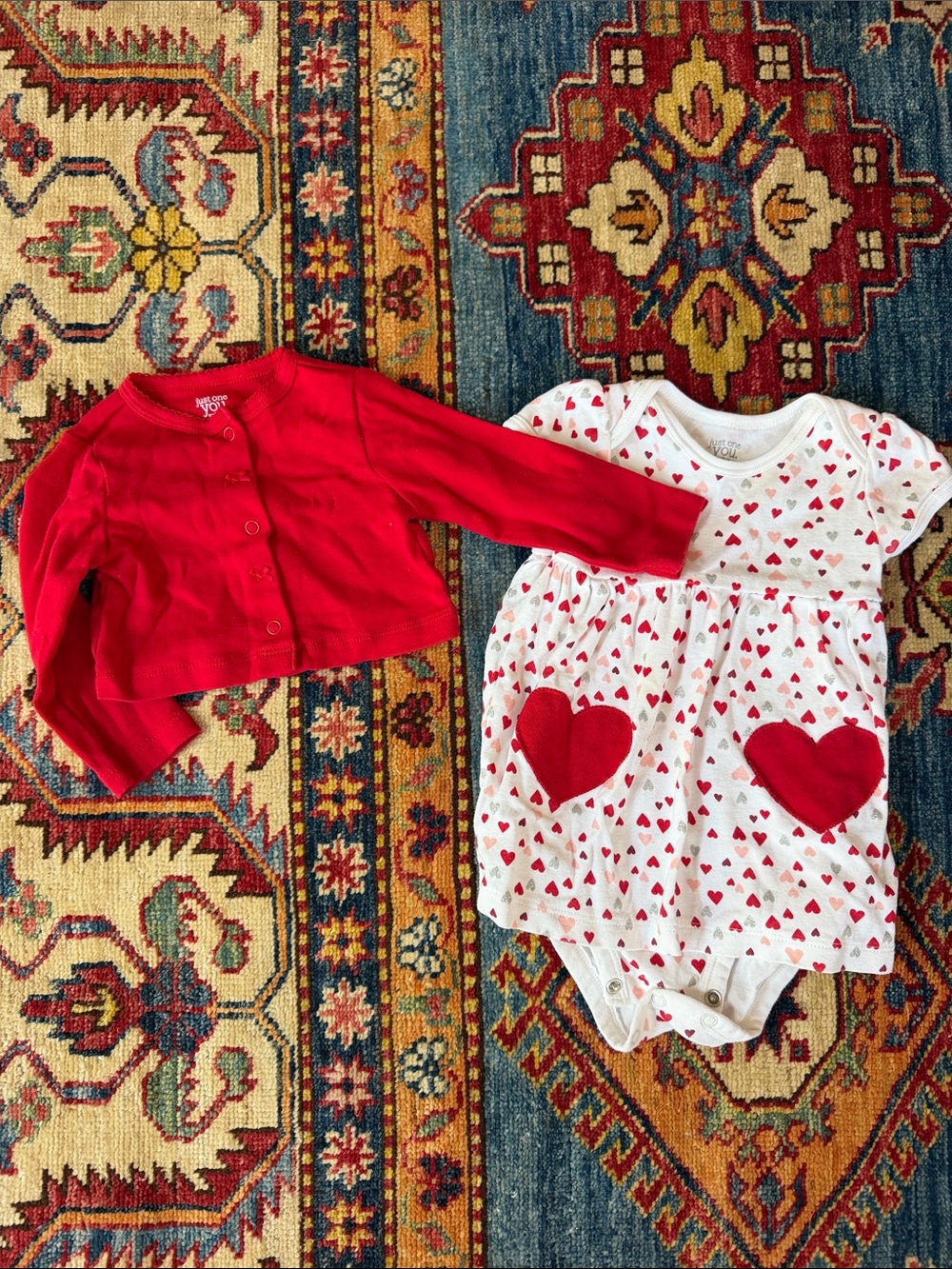 Carter's White Heart-Print Onesie Dress with Red Cardigan